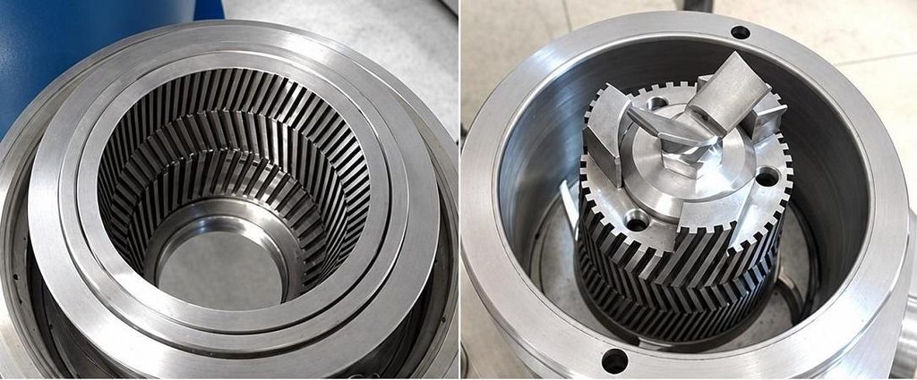 Close-up of 316L stainless steel rotor and stator contact parts on a food grade colloid mill