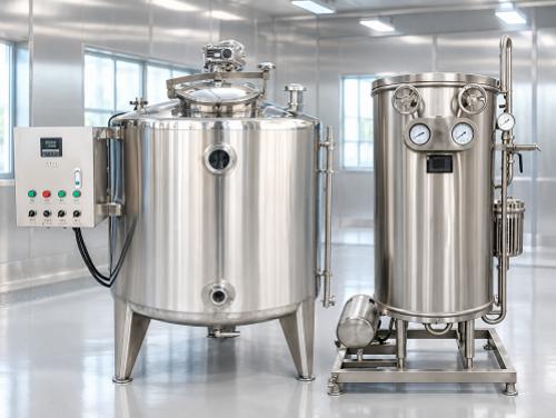 A UHT sterilization tank and a pasteurizer standing side by side in a food processing plant