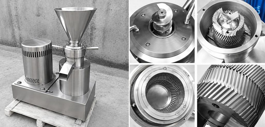 The sectional view of the colloid mill shows the gap between the rotating rotor and the fixed stator, where the shear action breaks the particles