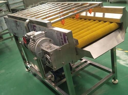 Side view of a stainless steel parallel roller cleaning machine showing feed end and discharge end