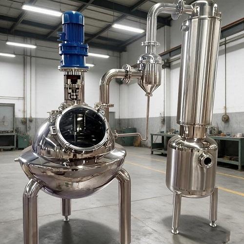 Stainless steel spherical evaporator tank in a food processing plant with mirror-polished surface
