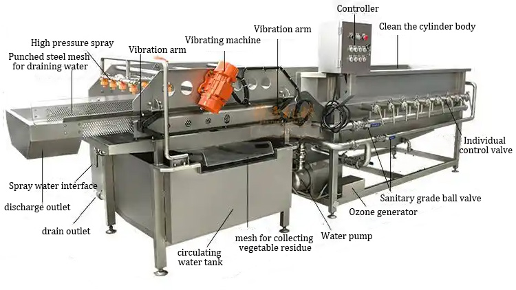 Vibration conveying mechanism and end spray on an eddy current vegetable washing machine